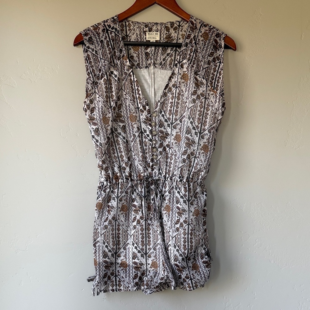 RVCA Sleeveless Printed Romper in White and Brown